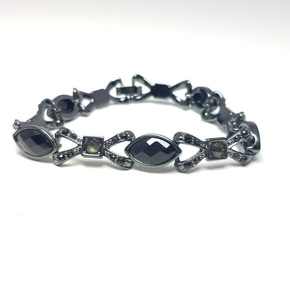 Vintage Black Rhinestone and Dark Gray Metal Bracelet, Goth Vibes, Estate - Picture 1 of 5